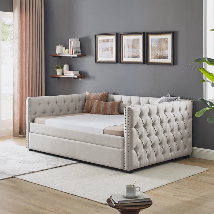 Daybed With Trundle Upholstered Tufted