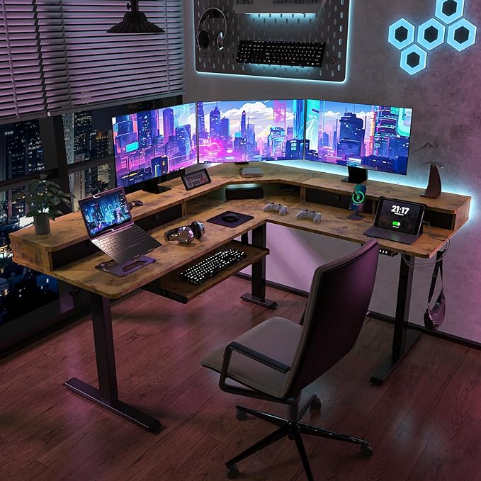 L Shaped Standing Desk with USB Charging Port & 4 Drawers