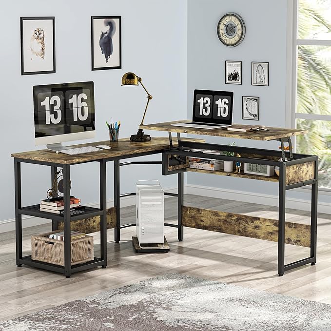 Modern Sit to Stand Corner Computer Desk with Storage Shelves
