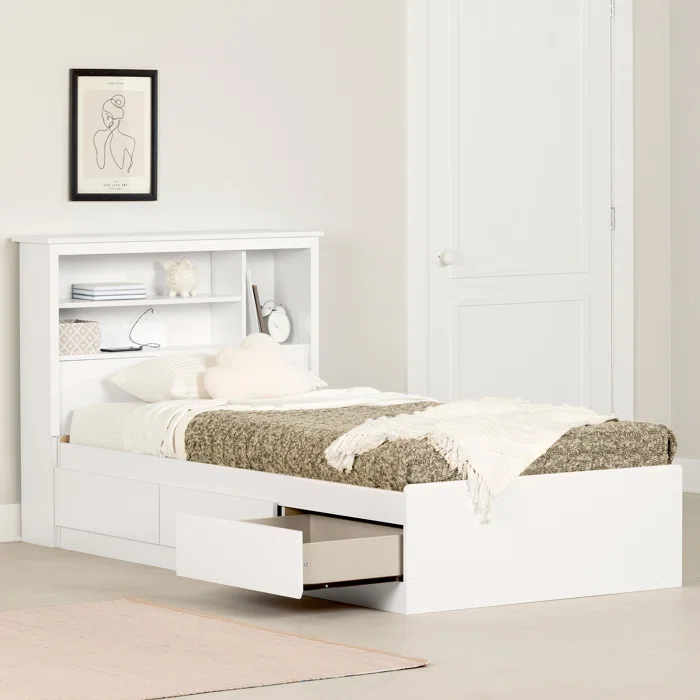 South Shore Gramercy Bookcase Headboard Bed with Storage Drawers