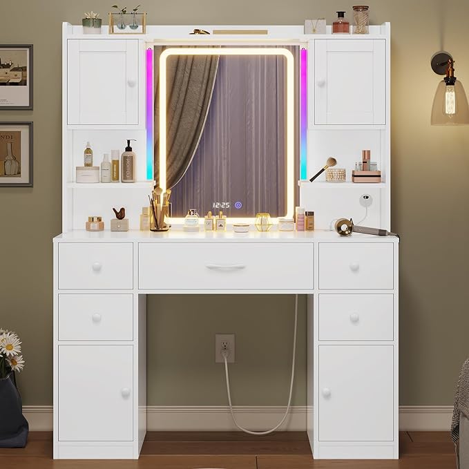 Tiptiper Large Vanity Desk with Mirror and Lights