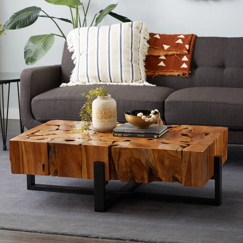 Teak Wood Handmade Live Edge Slice Tree Stump Living Room Coffee Table