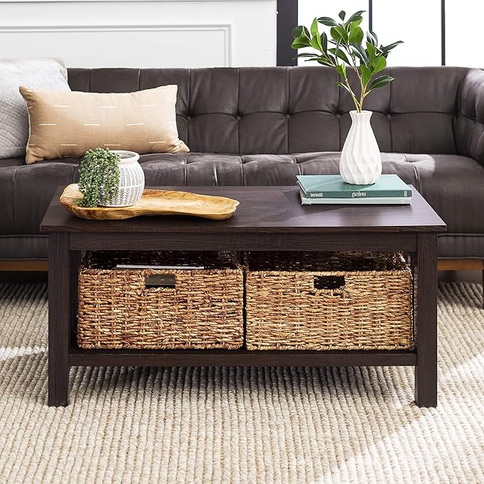 Two Tier Coffee Table with Rattan Storage Baskets